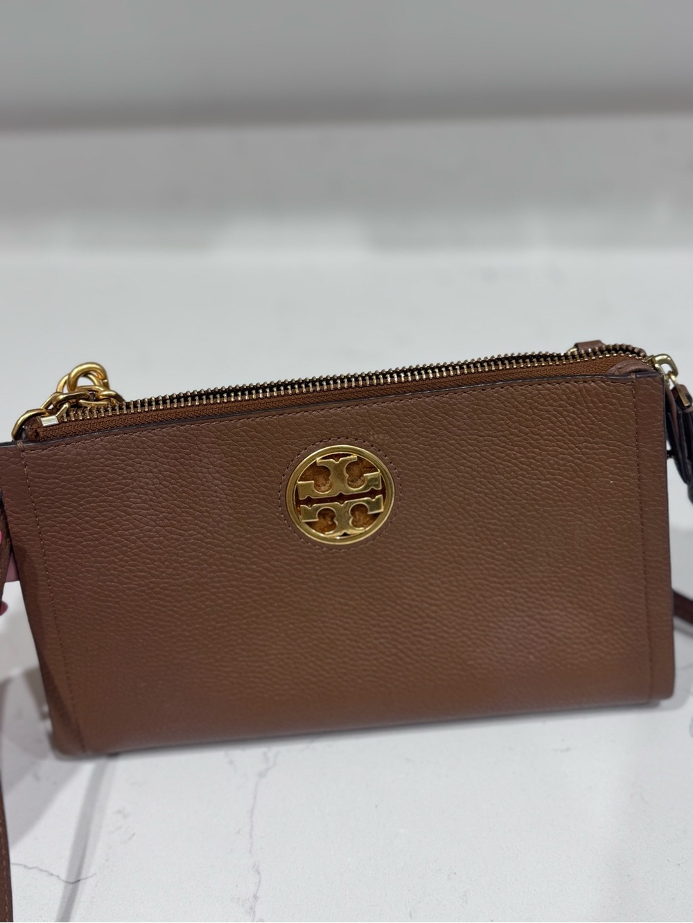 Tory Burch Brown Pebbled Leather Logo Crossbody Bag